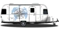 Preview: Kompass und Weltkarte als bunter Aufkleber auf hellem Wohnwagen Preview: Kompass und Weltkarte als bunter Aufkleber auf hellem Wohnwagen