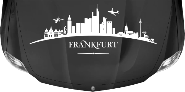 Skyline von Frankfurt als Caravansticker auf dunkler Motorhaube - Ansicht Farbauswahl