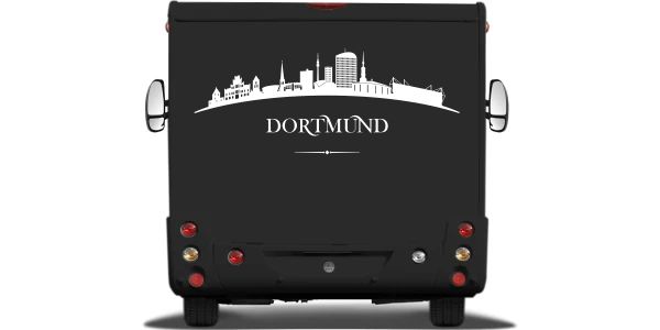 Skyline von Dortmund als Wohnwagendekor auf Heck von Wohnmobil oder Wohnwagen - Ansicht Farbauswahl