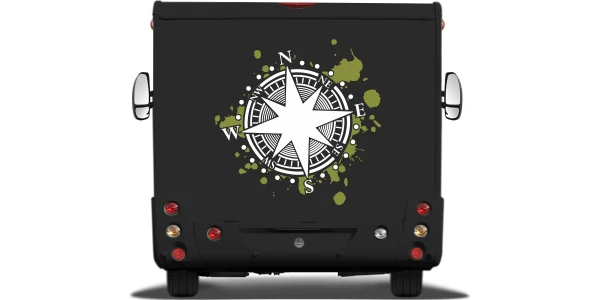 Aufkleber fürs Wohnmobil mit Kompass und Farbklecks auf Heck von Wohnmobil oder Wohnwagen