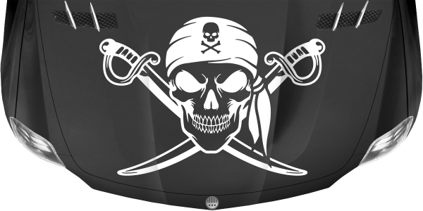 Preview: Autoaufkleber Totenkopf mit gekreuzten Schwertern auf dukleler Motorhaube - Farbauswahl