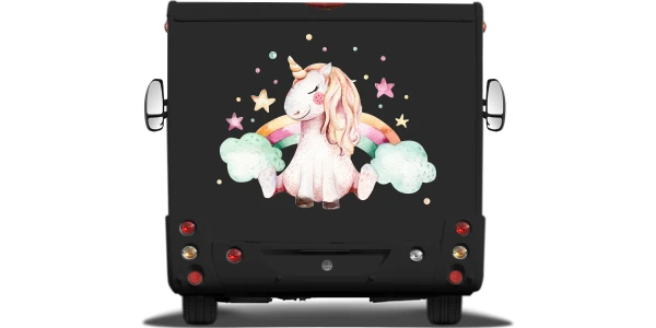 Autoaufkleber Einhorn im Digitaldruck auf Heck von Wohnmobil