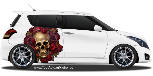 Preview: Autoaufkleber Goldener Totenkopf mit Rosen | Set für beide Fahrzeugseiten Preview: Autoaufkleber Goldener Totenkopf mit Rosen | Set für beide Fahrzeugseiten