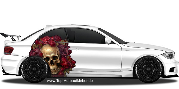 Preview: Autoaufkleber Goldener Totenkopf mit Rosen | Set für beide Fahrzeugseiten Preview: Autoaufkleber Goldener Totenkopf mit Rosen | Set für beide Fahrzeugseiten