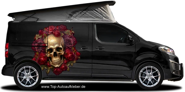 Autoaufkleber Goldener Totenkopf mit Rosen | Set für beide Fahrzeugseiten