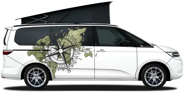 Wohnmobildekor Weltkarte mit Windrose | Set für beide Fahrzeugseiten