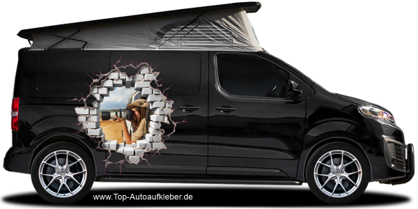 Preview: Auto Aufkleber Loch in der Mauer mit Eigenem Foto auf Fahrzeugseite von dunklem Campervan