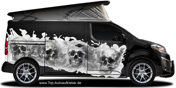 Camperaufkleber Totenschädel Gothic auf schwarzem Van in Wunschfarbe