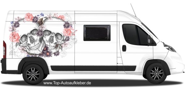 Preview: Van Aufkleber Zwei Totenköpfe mit Blumen Preview: Van Aufkleber Zwei Totenköpfe mit Blumen