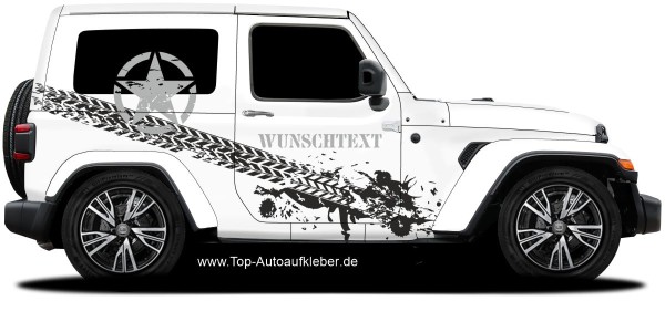 Aufkleber mit US Army Sternlogo, Reifenspuren und Wunschtext für den Geländewagen