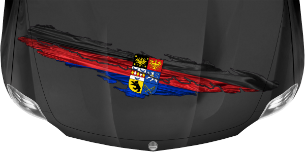 Die ostfriesische Flagge auf dunkler Motorhaube