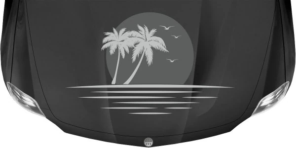 Hochwertiger Sticker für dunkle Motorhauben mit Sonne, Palmen und Meer