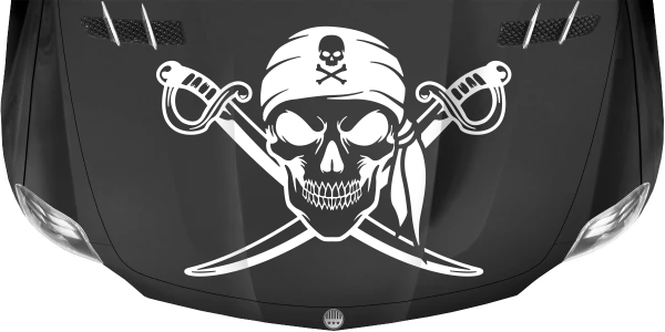 Aufkleber Totenkopf mit gekreuzten Schwertern auf dukleler Motorhaube - Farbauswahl