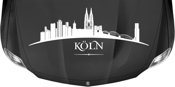Skyline der Stadt Köln als Aufkleber für Wohnwagen auf dunkler Motorhaube - Ansicht Farbauswahl