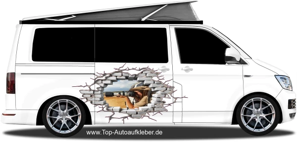 Auto Aufkleber Loch in der Mauer mit Eigenem Foto auf Fahrzeugseite von Camper