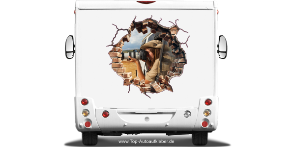 Auto Aufkleber Loch in der Steinwand mit Eigenem Foto auf dem Heck von Wohnmobil oder Wohnwagen