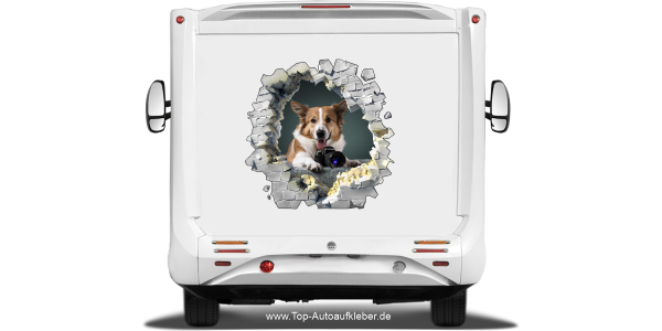 Preview: Aufkleber Loch in der Wand mit Eigenem Hundefoto auf dem Heck von Wohnmobil oder Wohnwagen
