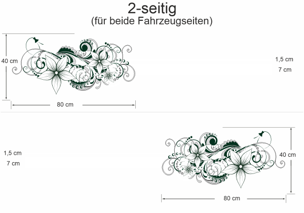 Autoaufkleber Blumenornament - Ansicht zweiseitig für beide Fahrzeugseiten und Farbauswahl