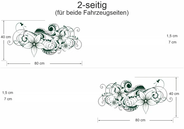 Autoaufkleber Blumenornament - Ansicht zweiseitig für beide Fahrzeugseiten und Farbauswahl