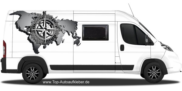 Preview: Auto Klebefolie Windrose mit Weltkarte | Set für beide Fahrzeugseiten