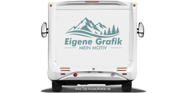 Autoaufkleber Eigenes Motiv einfarbig auf hellem Heck eines Reisemobils