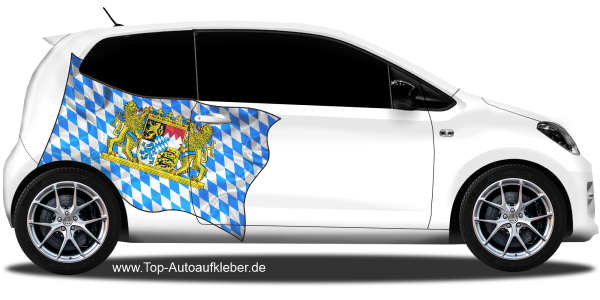 Preview: Autoaufkleber Fahne von Bayern | Set für beide Fahrzeugseiten Preview: Autoaufkleber Fahne von Bayern auf Fahrzeugseite von Kleinwagen