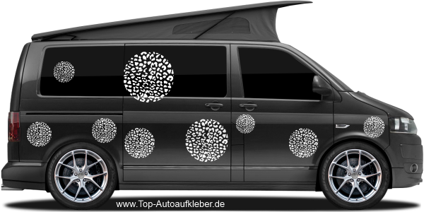Preview: Autoaufkleber Leopardenmuster Kreise auf dunklem Camper - Ansicht Farbauswahl