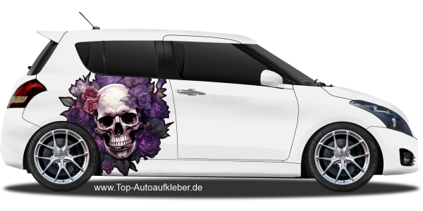 Autoaufkleber Rosen Totenkopf auf hellem PKW