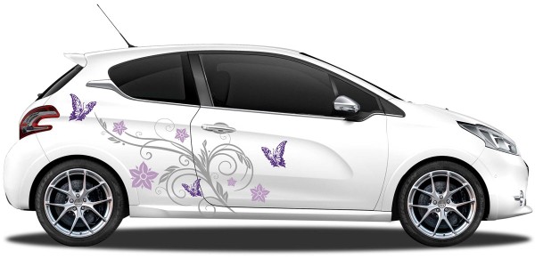 Blumenornament mit Schmetterlingen als bunter Autoaufkleber