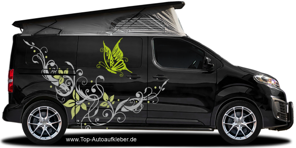 Preview: Autoaufkleber Schmetterlingstraum | Set für beide Fahrzeugseiten Preview: Autoaufkleber buntes Ornament mit Schmetterling auf dunklem Camper
