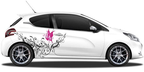 Preview: Autoaufkleber Schmetterlingstraum | Set für beide Fahrzeugseiten Preview: Autoaufkleber buntes Ornament mit Schmetterling auf hellem PKW