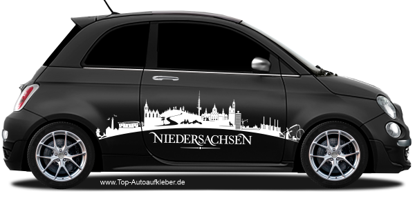 Preview: Autoaufkleber Skyline Niedersachsen | Set für beide Fahrzeugseiten auf dunklem PKW - Ansicht Farbauswahl