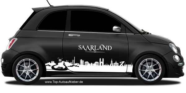 Preview: Autoaufkleber Skyline Saarland | Set für beide Fahrzeugseiten auf dunklem PKW - Ansicht Farbauswahl