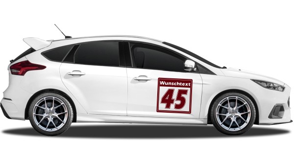 Preview: Autoaufkleber Startnummer mit Wunschtext | Set für beide Fahrzeugseiten