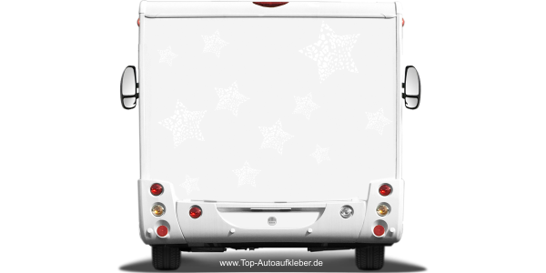 Preview: utoaufkleber Sterne im Leoparden Look auf Heck von Wohnmobil oder Wohnwagen - Ansicht Farbauswahl