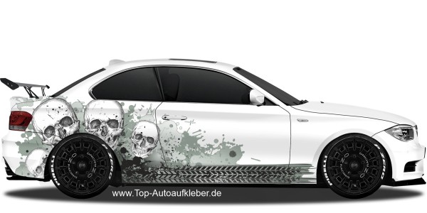 Preview: Autoaufkleber Totenköpfe auf Farbflecken | Set für beide Fahrzeugseiten