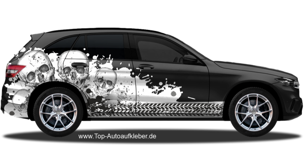 Preview: Autoaufkleber Totenköpfe auf Farbflecken | Set für beide Fahrzeugseiten