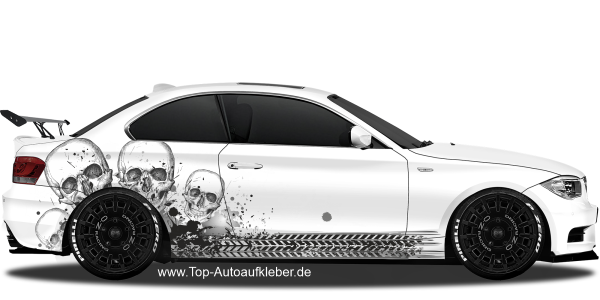 Preview: Autoaufkleber Totenköpfe auf Farbflecken | Set für beide Fahrzeugseiten