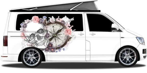 Autoaufkleber mit Totenkopf, Blumen und Kompass