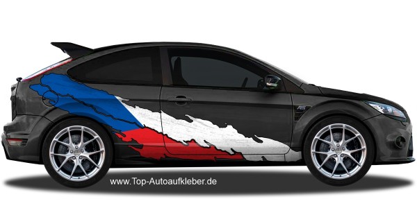 Die Flagge Tschechiens als Autoaufkleber auf dunklem Auto