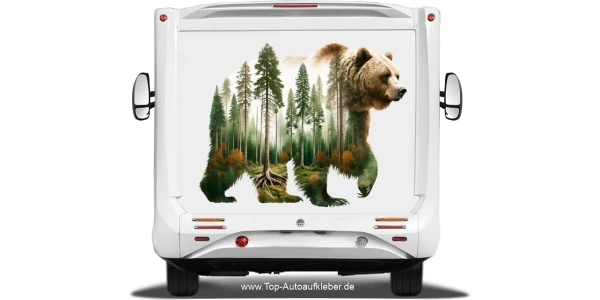 Autoaufkleber Walddesign Grizzly Bär auf Wohnmobilheck