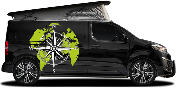 Preview: Aufkleber für Autos mit Kompass und Weltkarte auf dunklem Campervan