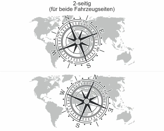 Autoaufkleber Windrose mit Atlas - Ansicht zweiseitig für beide Fahrzeugseiten