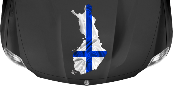 Preview: Autodekor Flagge Karte von Finnland | Set für beide Fahrzeugseiten Preview: Autodekor Flagge Karte von Finnland auf Motorhaube von dunklem PKW