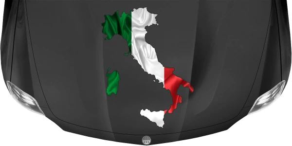 Autodekor Flagge Karte von Italien auf Motorhaube von dunklem PKW