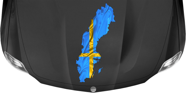 Preview: Autodekor Flagge Karte von Schweden | Set für beide Fahrzeugseiten Preview: Autodekor Flagge Karte von Schweden auf Motorhaube von dunklem PKW