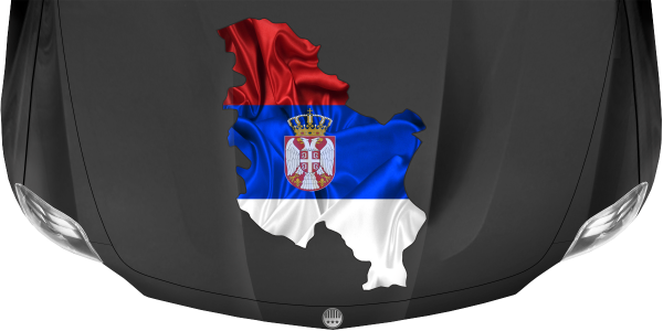 Preview: Autodekor Flagge Karte von Serbien | Set für beide Fahrzeugseiten Preview: Autodekor Flagge Karte von Serbien auf Motorhaube von dunklem PKW