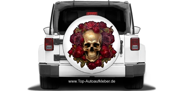 Autodekor Goldener Totenkopf mit Rosen auf heller Reserveradabdeckung