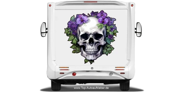 Autodekor Totenkopf mit Blüten auf Wohnmobilheck