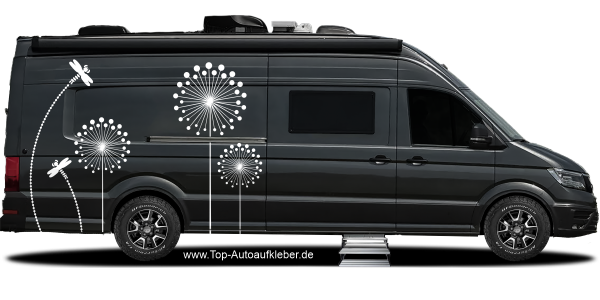 Preview: Wohnmobilaufkleber Pusteblumen mit Libellen | Set für beide Fahrzeugseiten Preview: Wohnwagen Aufkleber Pusteblumen und Libellen auf dunklem Camper - Ansicht Farbauswahl